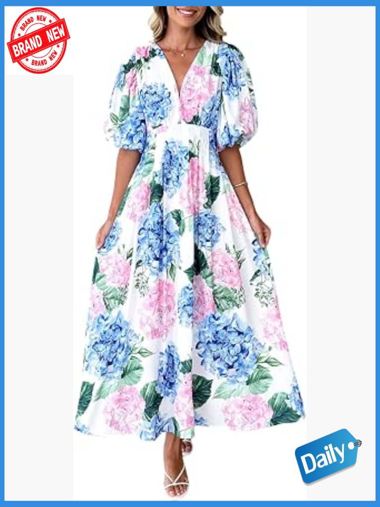 Floral Maxi Dress V-Neck Puff Sleeve Summer Wedding Guest